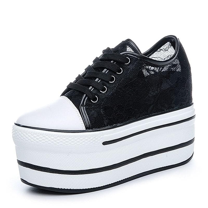 Moda Feminina Sapatos Plataforma Rasos Moda Renda Respirável Mulher Sapatos Grossos Branco/Preto Tênis de Verão 2024 Sapato Plataforma Feminino cm