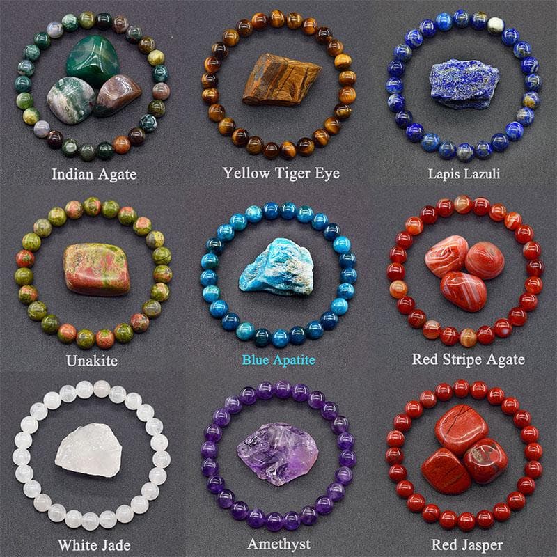 Pulseira de Contas de Apatita Azul Reiki Original Homens Mulheres Lápis Lazúli Ametista Olho de Tigre Amarelo Natural Pulseira de Contas Joias