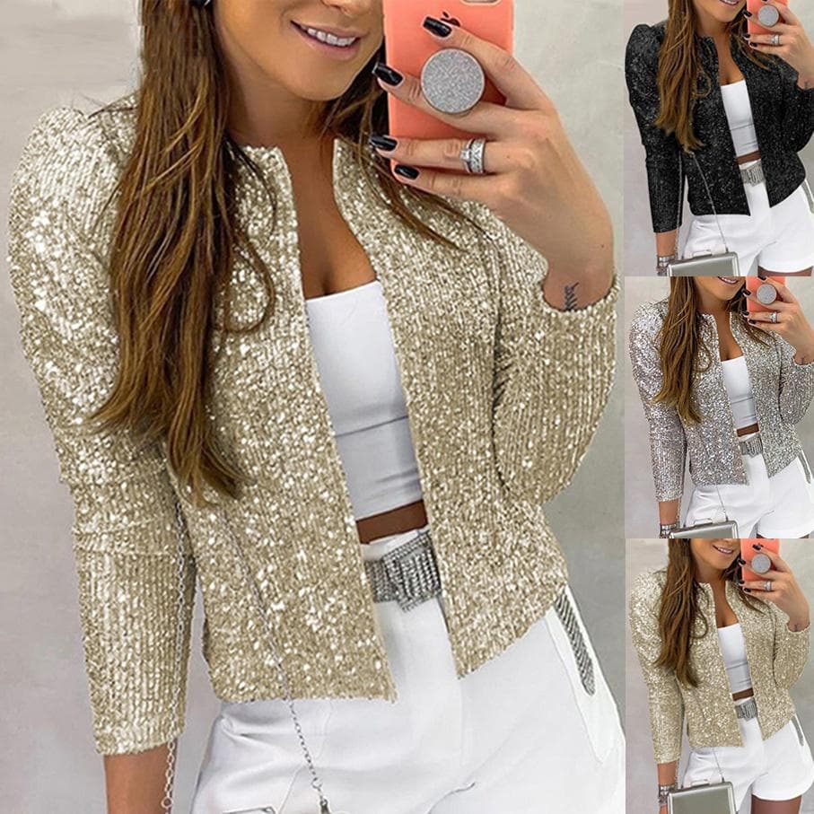 Feminino casual manga longa blazer terno frente aberta lantejoulas casaco feminino jaqueta lantejoulas pérolas cardigan casacos o-pescoço outerwear