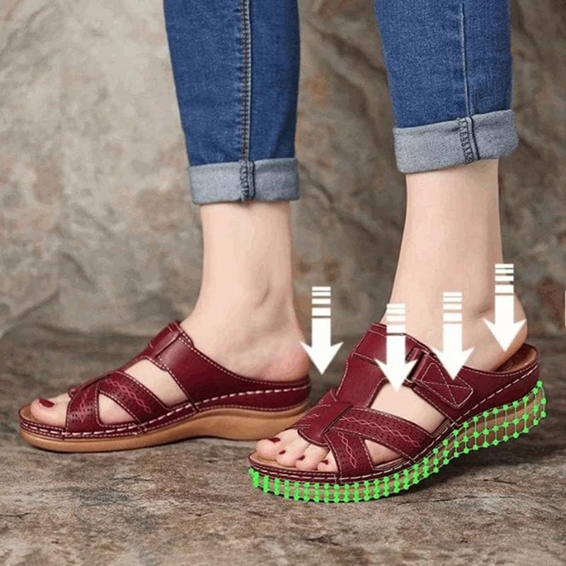 Sandálias femininas de verão, sandálias de cunha premium, ortopédicas, dedo aberto, vintage, antiderrapante, couro, casual, plataforma feminina,