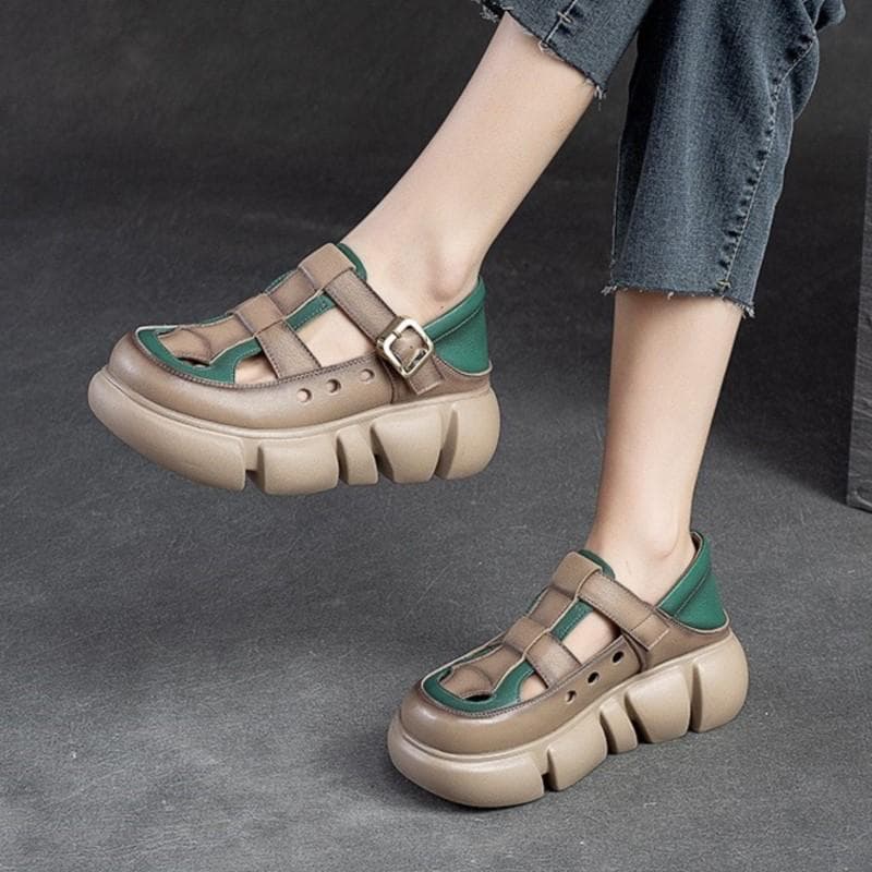 Sandálias femininas de verão, novas, retrô, cores mistas, sola grossa, bico redondo, fivela, couro legítimo, sapatos plataforma da moda cm verde