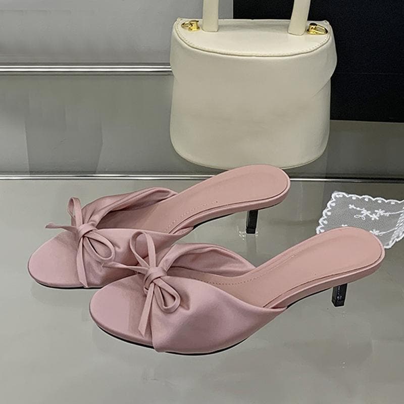 Moda Verão Seda Nó Borboleta Mulheres Chinelos Sandálias Raso Bico Aberto Fino Salto Baixo Mules Slides Sapatos Zapatos Mujer cm azul
