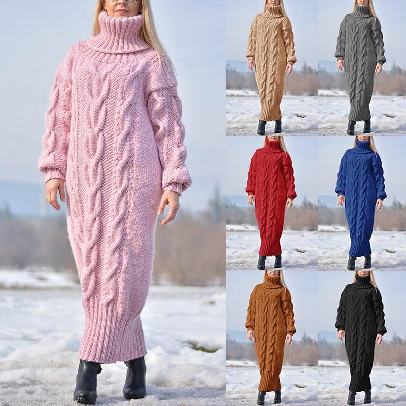 Suéter de Gola Alta Tricotado Moda Temperamento Cor Sólida Suéter Pulôver Casaco Quente Espesso Vestido Longo Macio cm caqui