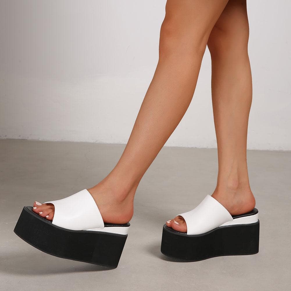 Chic Trendy On Sapatos Femininos Tamanho Grande 43 Preto Branco Grosso Plataforma Cunhas Salto Alto Salto Alto Mulas Sandálias Chinelo Verão cm