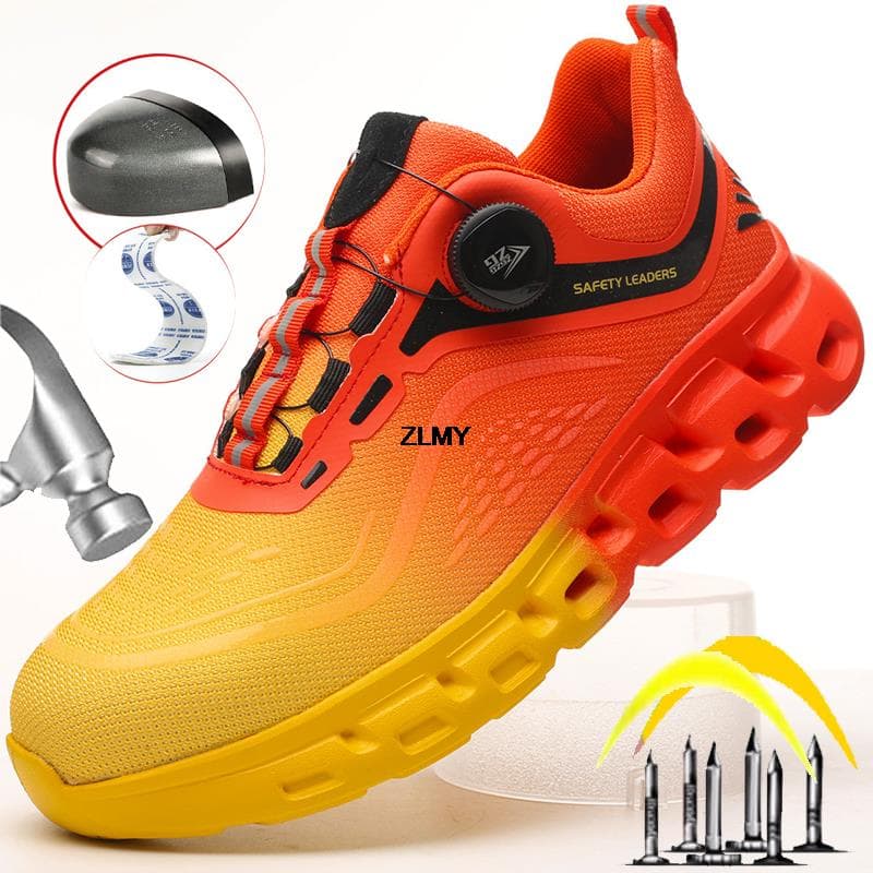 Sapatos de segurança leves masculinos com biqueira de aço, tênis rotatório com botão, à prova de perfuração, sapatos de trabalho, botas de