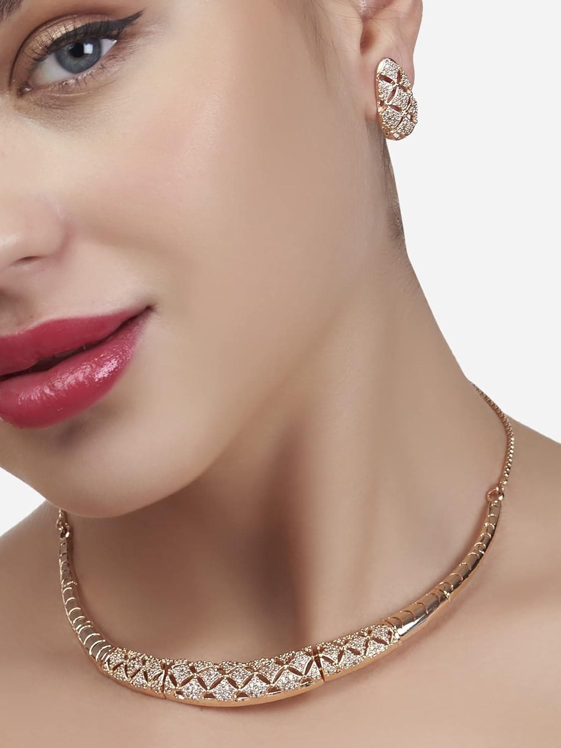 Conjunto de colar e brinco de festa com zircônia cúbica em ouro rosa para mulheres ouro