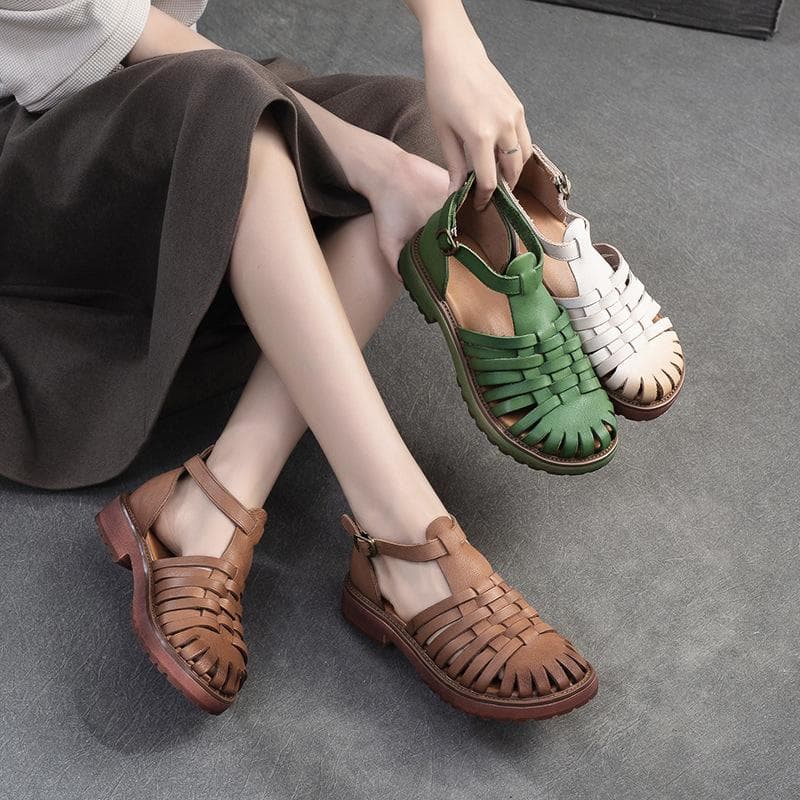 Sandálias Romanas Tecidas de Verão 2026 Vazadas Respiráveis Confortáveis Sapatos Rasos Femininos cm verde