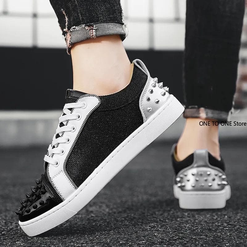 Fashion Men Sneakers Casual Designer Rivet Punk Board Shoes Fashion Leather Canvas Breathable Height Increased Flat Platform White Shoes cm