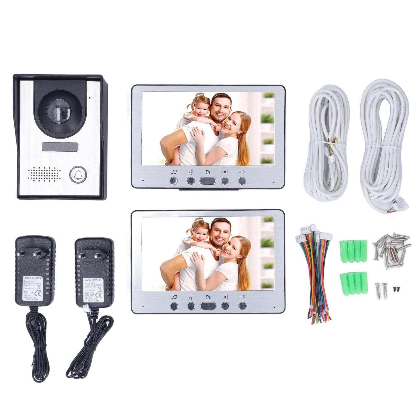 Kit de interfone com campainha de vídeo de 7 pol. com 2 telas, à prova d'água, infravermelho, visão noturna, desbloqueio remoto, vídeo