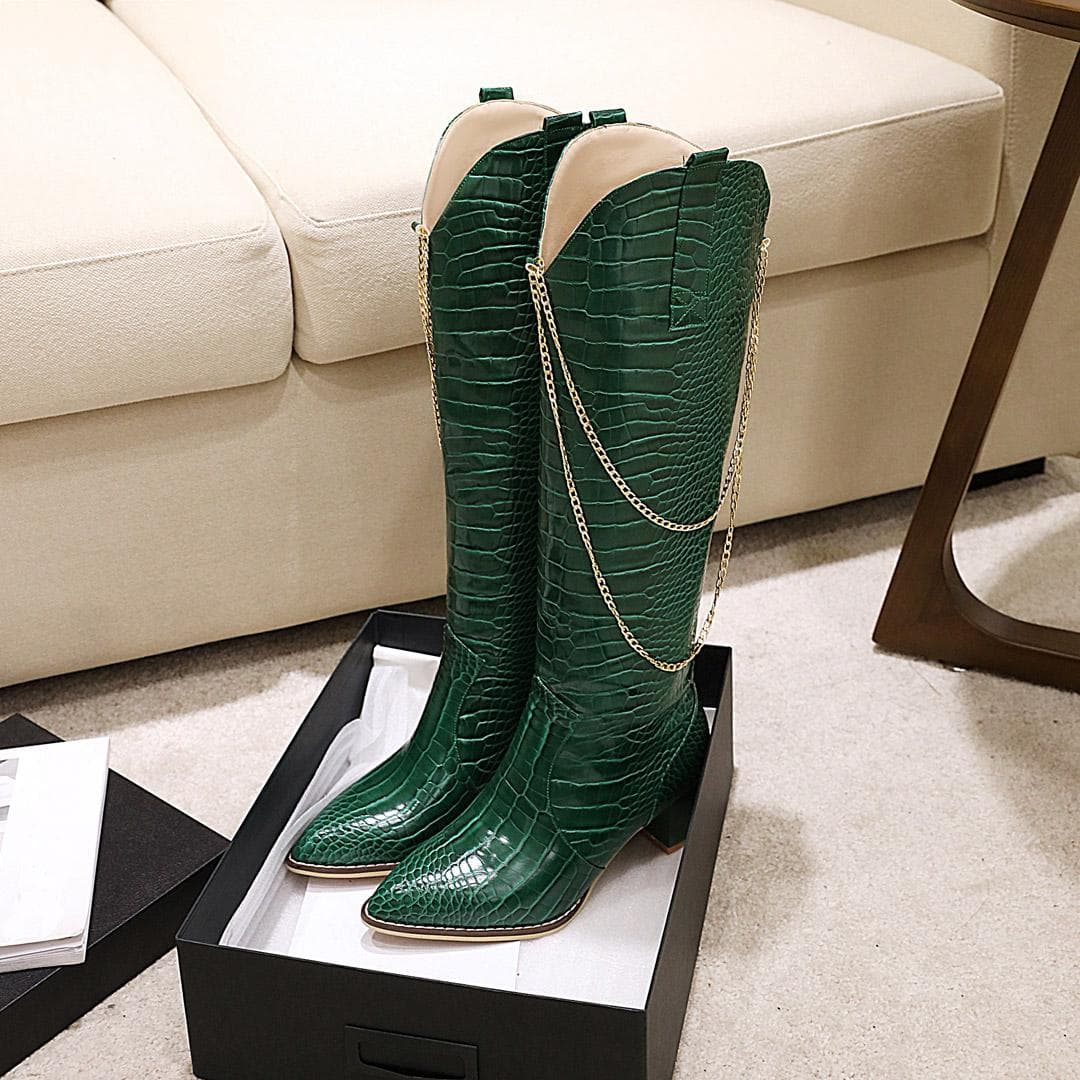 Botas de salto alto femininas sexy estilo europeu e americano padrão de crocodilo salto grosso bico fino tamanho grande botas médias cm verde