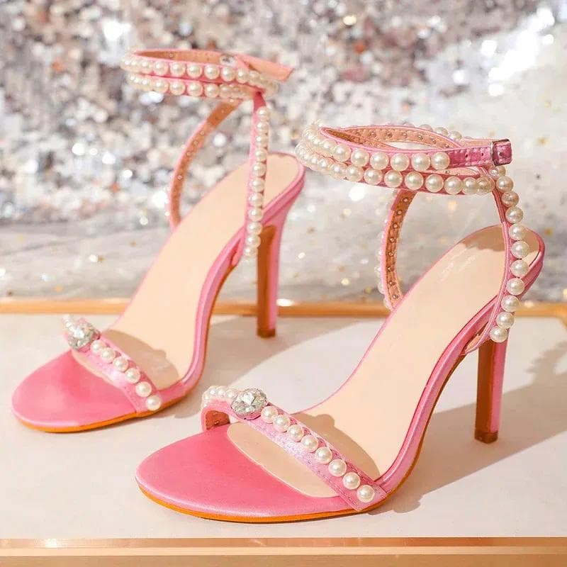 Sandálias de salto alto de luxo da moda para mulheres, verão, bico aberto, fivela, tira, sandálias femininas, sexy, cordão, contas, salto alto