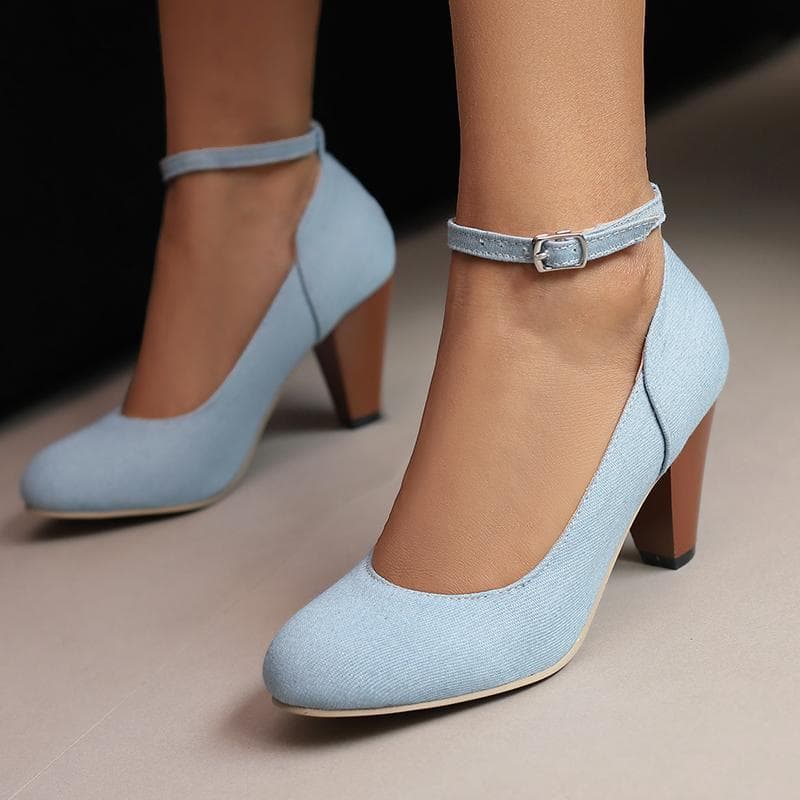 Elegantes Sapatos Scarpin de Salto Alto Feminino Moda Tira no Tornozelo Jeans Preto Azul Tricotado Salto Festa Casamento Sapatos Femininos Tamanho Gra