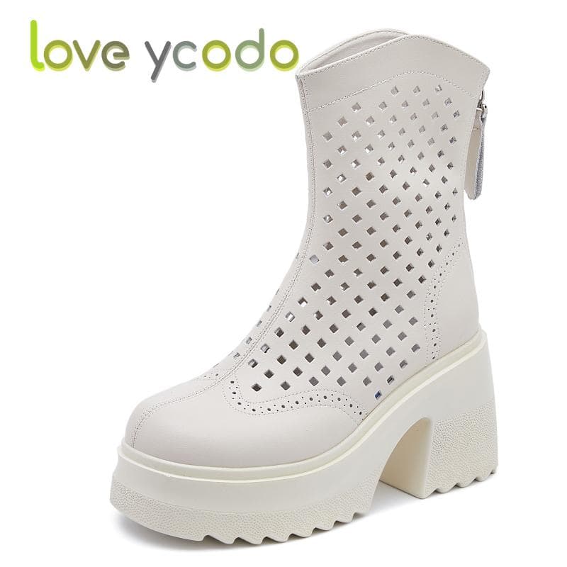 Botas de Tornozelo de Couro Respirável de Salto Alto Elegantes e Confortáveis para Mulher, Botas de Couro Confortáveis de Plataforma Impermeável