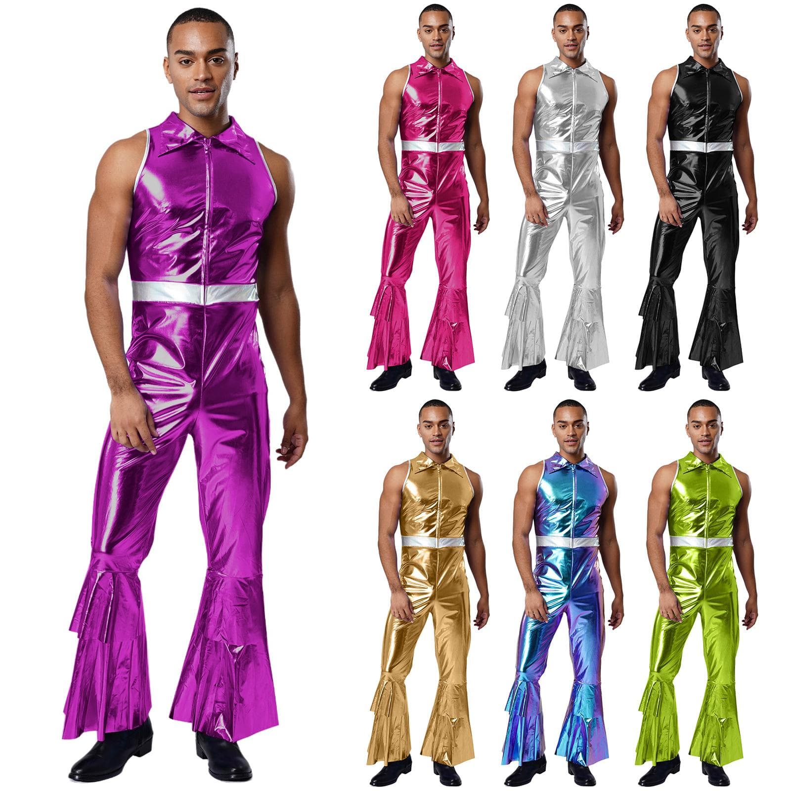 Traje Disco Masculino Anos 70 Gola Lapela Sem Mangas Cintura Alta Boca de Sino Macacão Traje de Dançarino Cantor cm