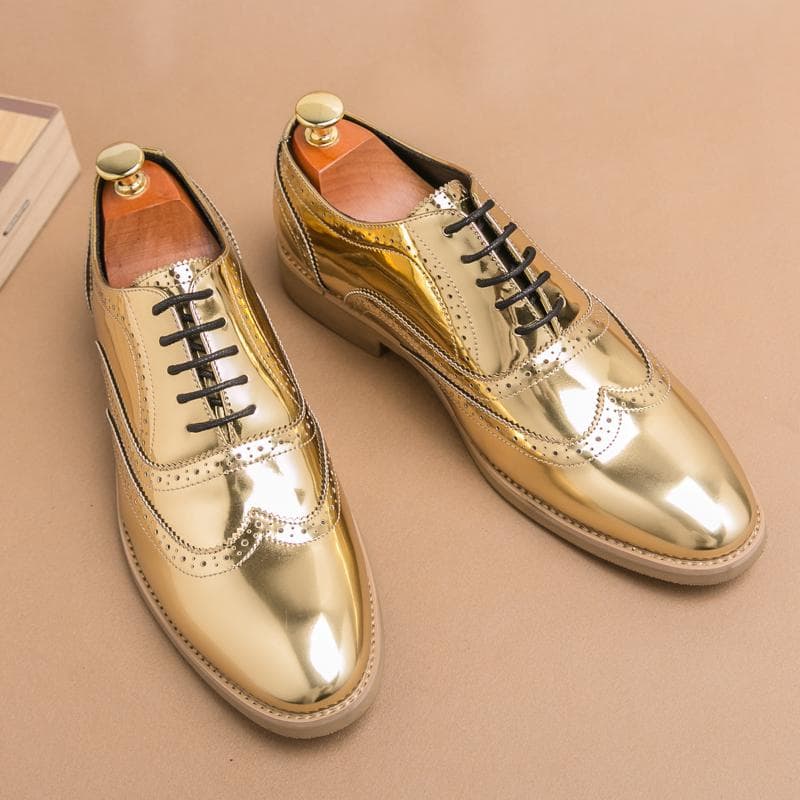 Sapatos Casuais de Amarrar de Couro Envernizado Preto Dourado Novo Gentleman para Homens Vestido de Casamento Baile Calçado Formal Zapatos Hombre cm