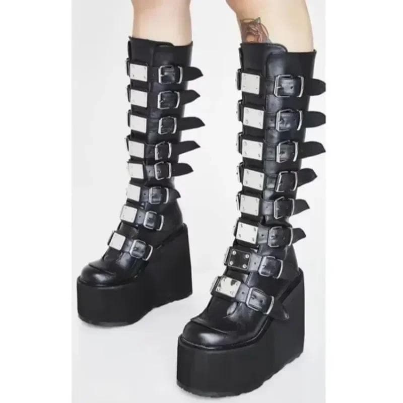 Botas Femininas Tamanho Grande Plataforma Salto Grosso Botas Mulher Punk Gótico Preto Fivela Sapatos Mulher 2025 Moda Botas Femininas Exterior cm
