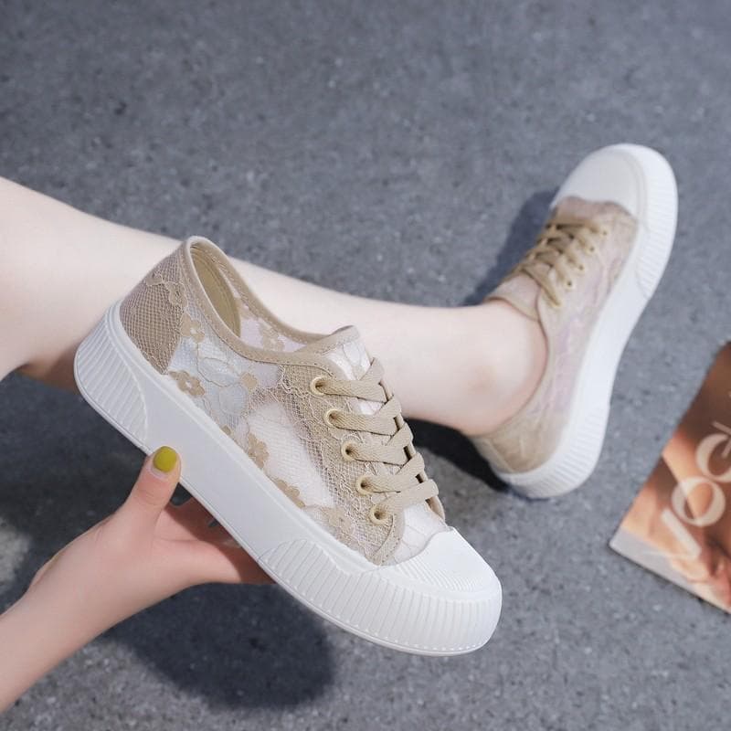 Verão Mulheres Renda Sapatos Casuais Mulher Tênis de Malha Respirável Sapatilhas Plataforma Florais Mocassins Conforto Sapatos de Caminhada Rasos