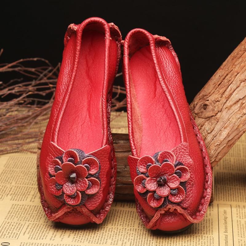 Mocassins Vermelhos Costura Artesanal Sapatos Retrô Para Mulheres 2024 Mocassins Étnicos de Flores Sapatos Femininos de Couro Genuíno cm