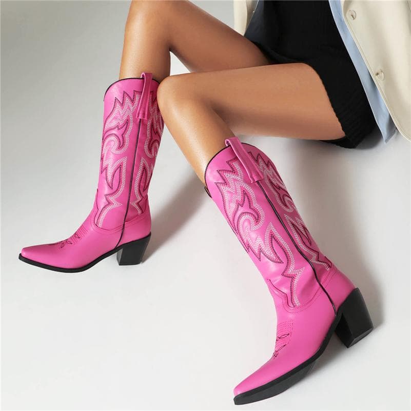 FOREADA Botas de Cowboy Femininas de Cano Médio Bico Quadrado Salto Alto Grosso Bordado Botas Western Cowgirl Sapatos de Moda Femininos Inverno 46 cm