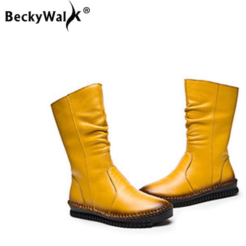 Botas de Couro de Vaca da Moda Para Mulheres Botas de Cano Médio de Alta Qualidade Outono Inverno Botas Femininas Tamanho Grande 43 Sapatos Baixos