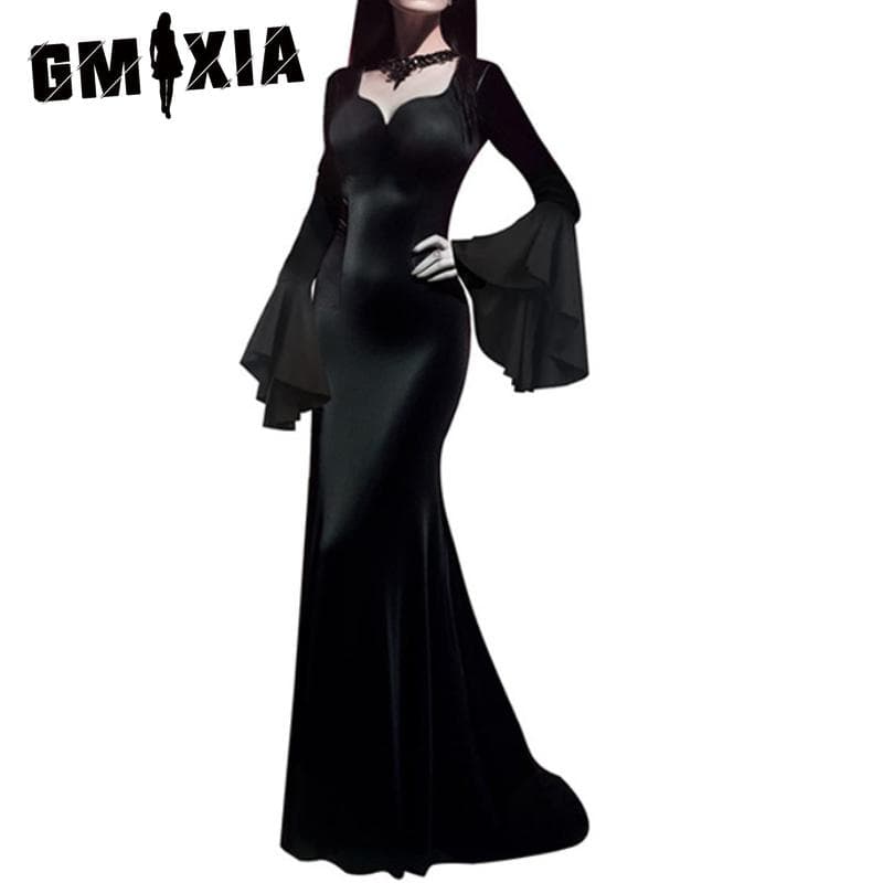 GMXIA Halloween Morticia Adams Espírito Vestido Longo Preto Família Adams Vintage Gótico Vestidos Longos cm preto