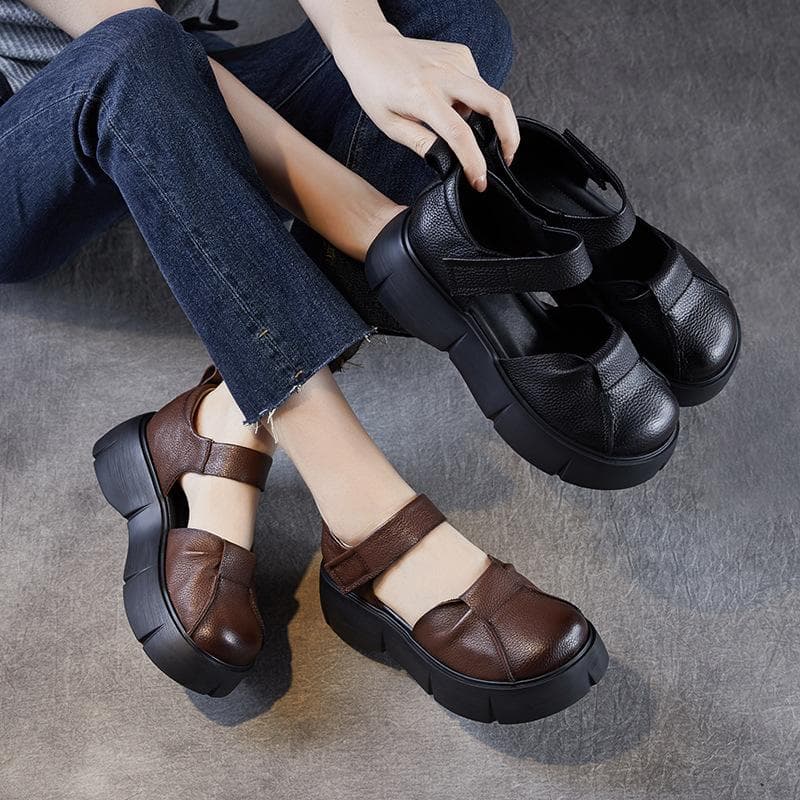 5CM Handmade Retro Platform Sandals Women Summer Wedges Heel Shoes Round Toe Genuine Cow Leather Comfort Versatile Sandals cm preto