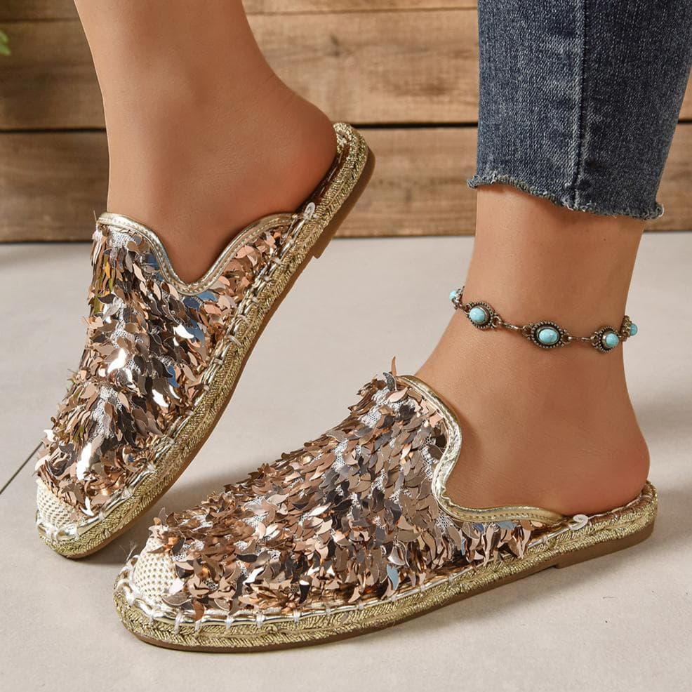 Chinelo Feminino da Moda Glitter Flat Casual Baotou Chinelos 2025 Verão Novos Sapatos da Moda Mulheres Sandálias Leves de Exterior Slides Mulheres