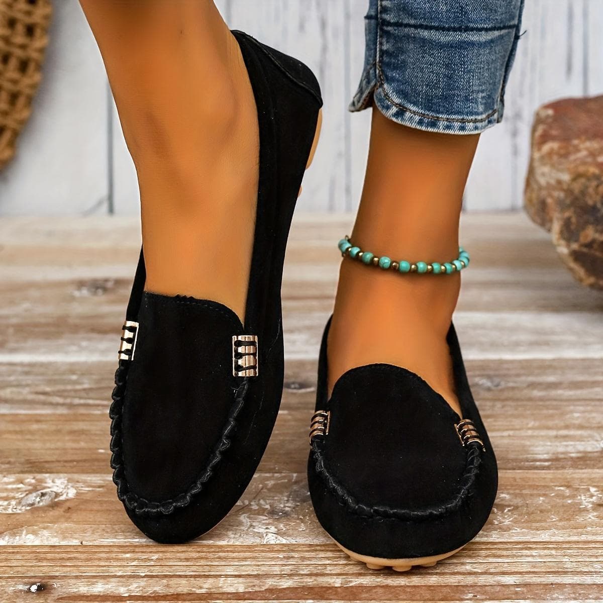Mocassins femininos com decoração de metal, sapatos baixos casuais, leves e confortáveis cm