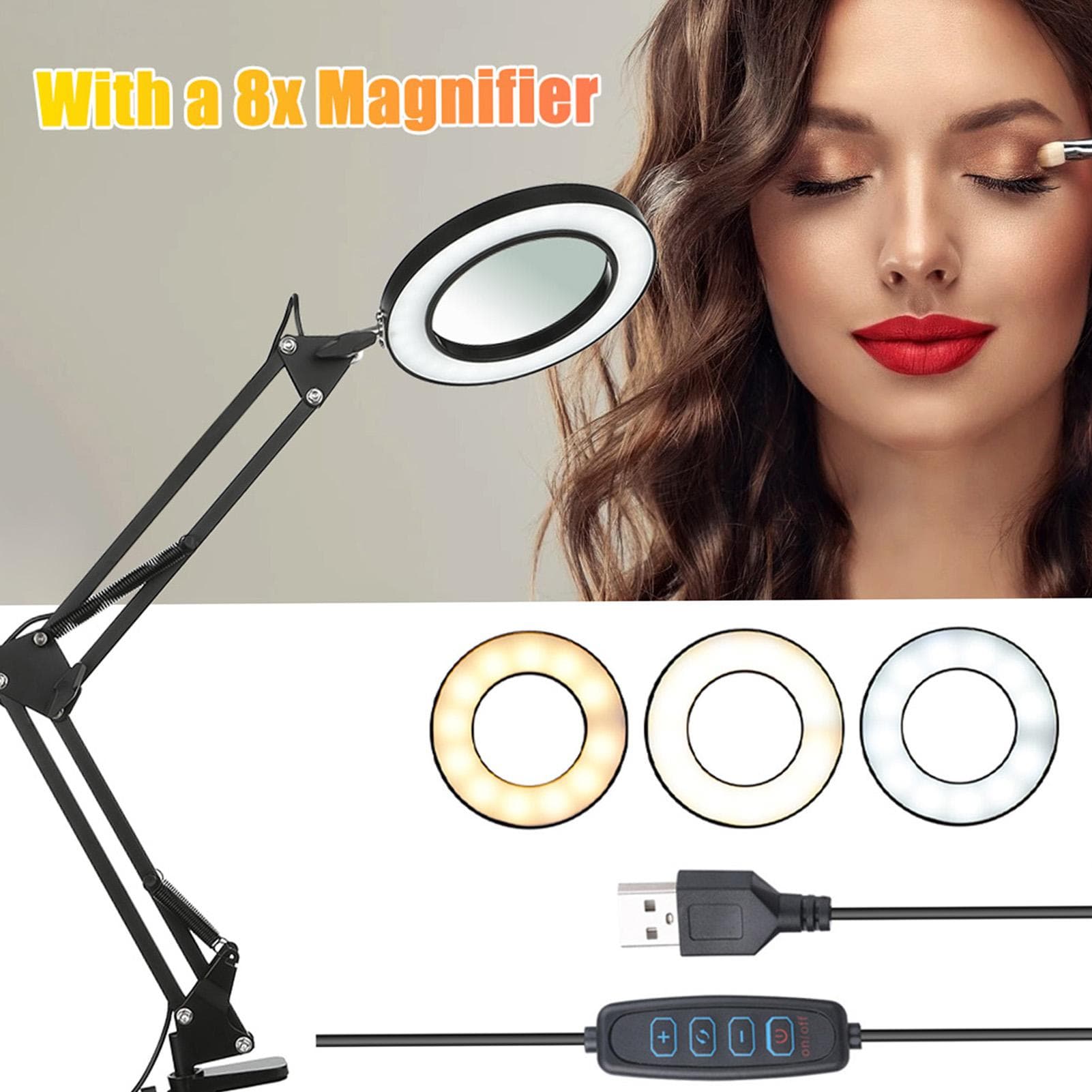 Candeeiro de mesa flexível Tomshine com lupa 8x, braço oscilante, LEDs reguláveis, luz de mesa em 3 cores preto
