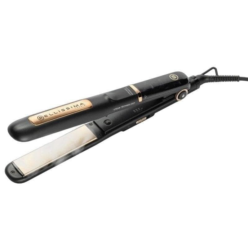 Prancha de Cabelo Cerâmica Profissional Bellissima Steam Ceramic & Keratin 230ºC 3 Definições Vapor Desligar Automático Preto e Ouro