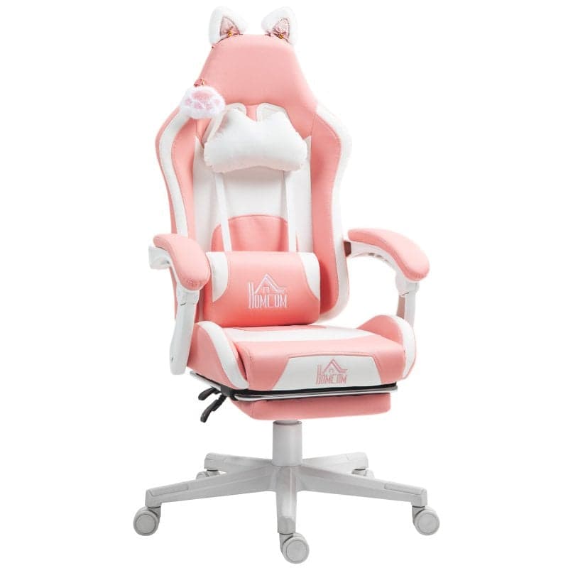 Homcom Cadeira Gaming com Orelhas, Altura Ajustável e Apoio para Pés Retrátil Rosa