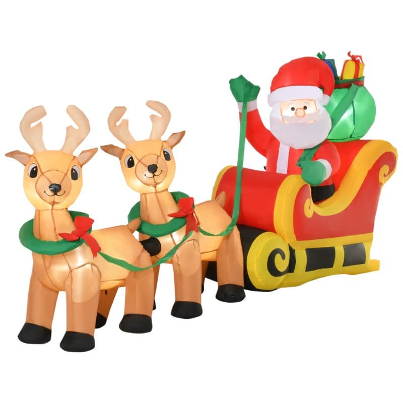 Decoração de Natal insuflável HOMCOM com Pai Natal e trenó com renas e luzes LED