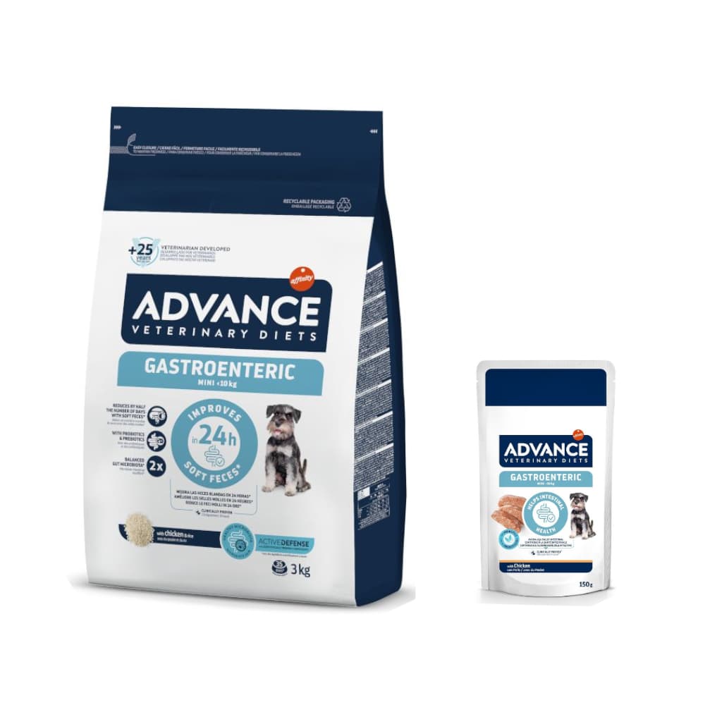 Advance Veterinary Diets 3 kg ração + 8 x 150 g comida húmida grátis! - Mini Gastroenteric (3 kg) + 8 x 150 g comida húmida