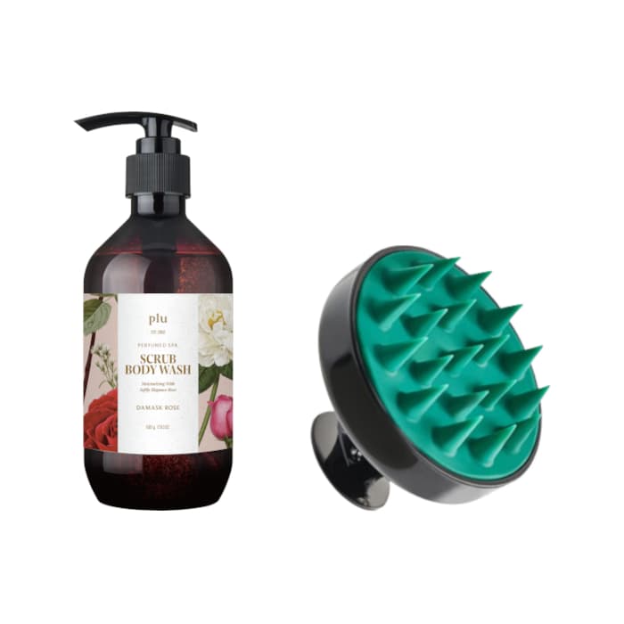plu - Theraphy Scalp Scaling Scrub Brush - 1pc & Perfumed Spa Scrub Body Wash - 500g - Damask Rose (1ea) Set