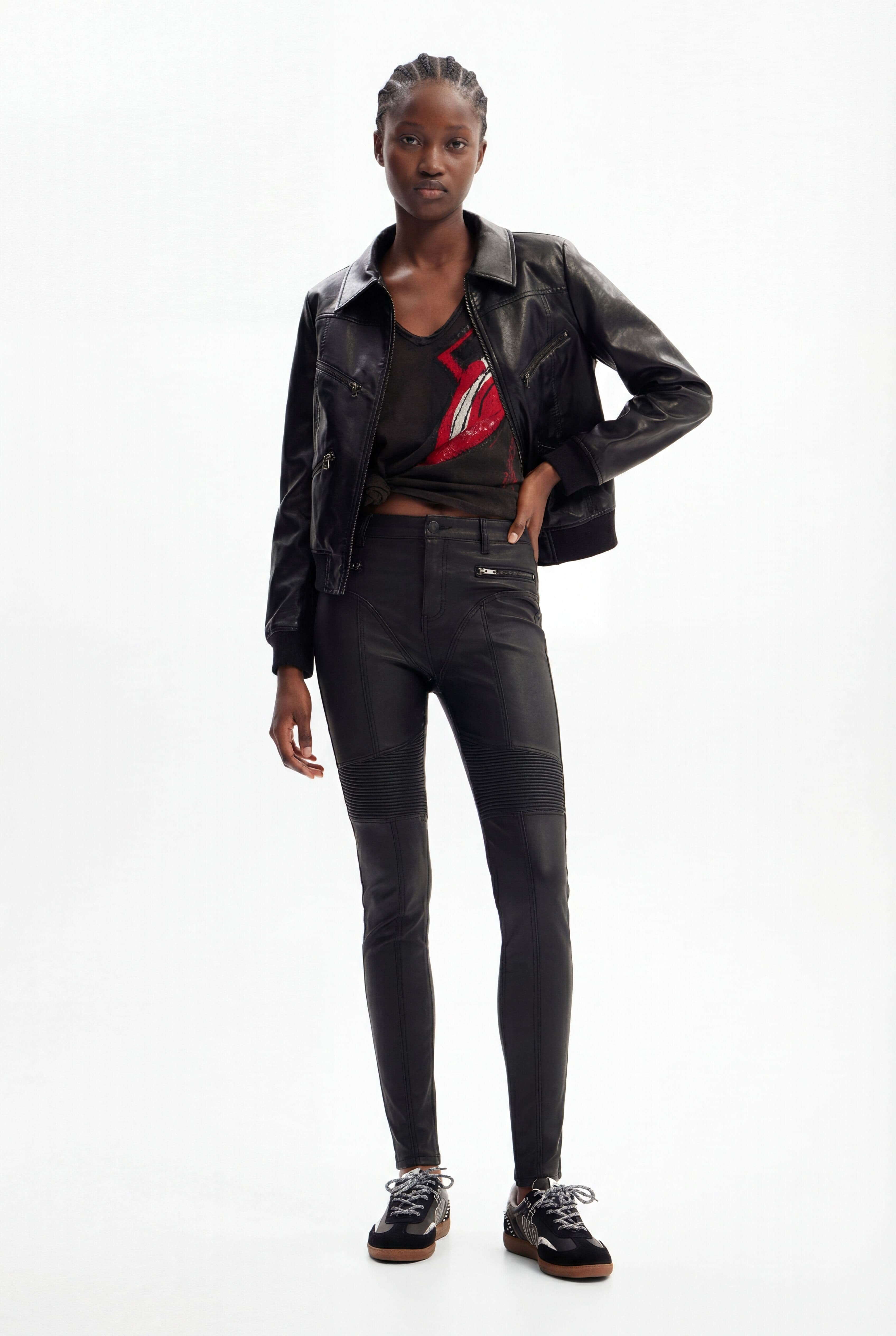 Desigual, Slim leather-effect trousers, Polyurethane, Black, 34