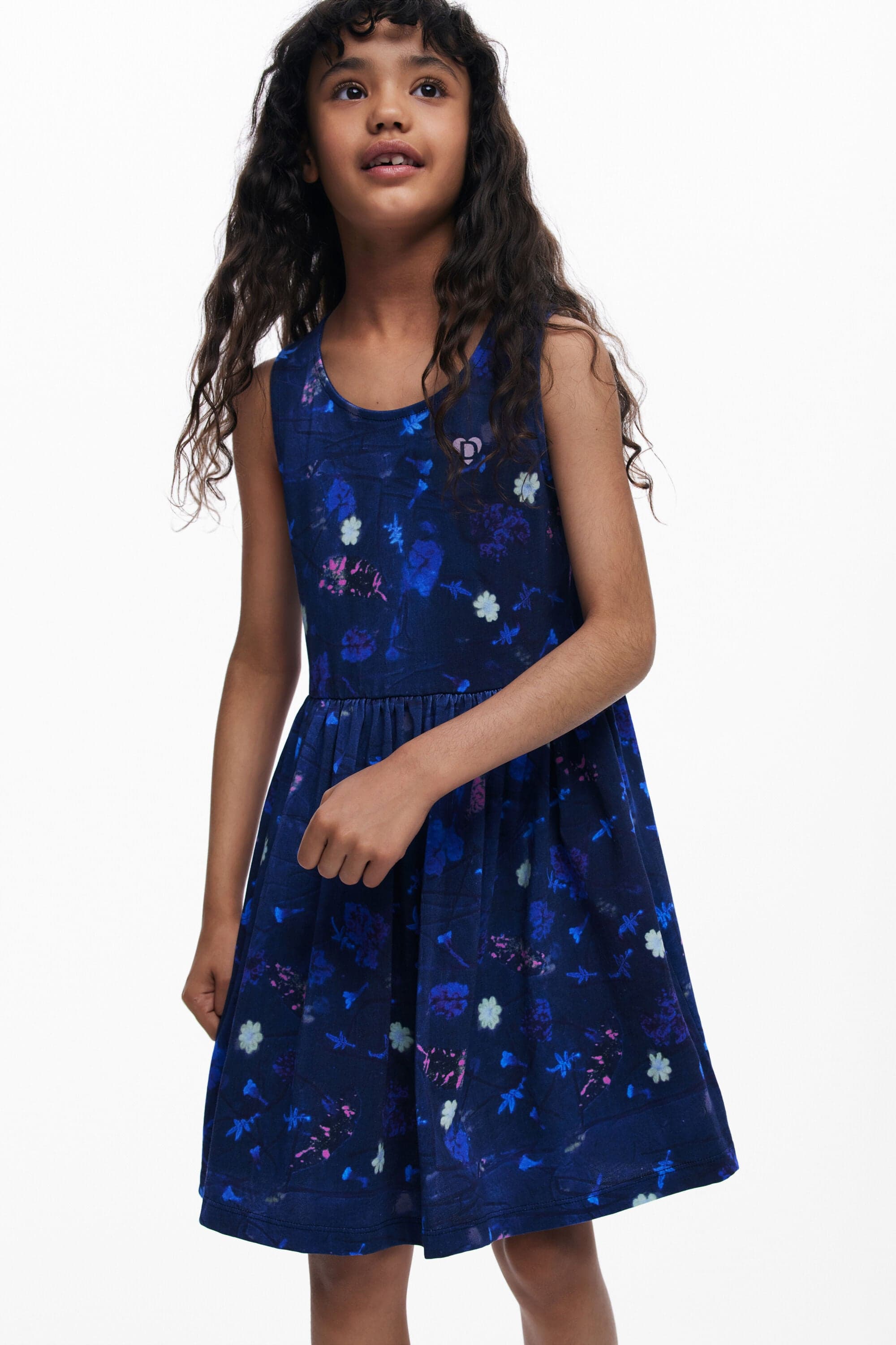 Desigual, Short Dress Flared Flowers, Kids, Cotton, Blue, 5/6