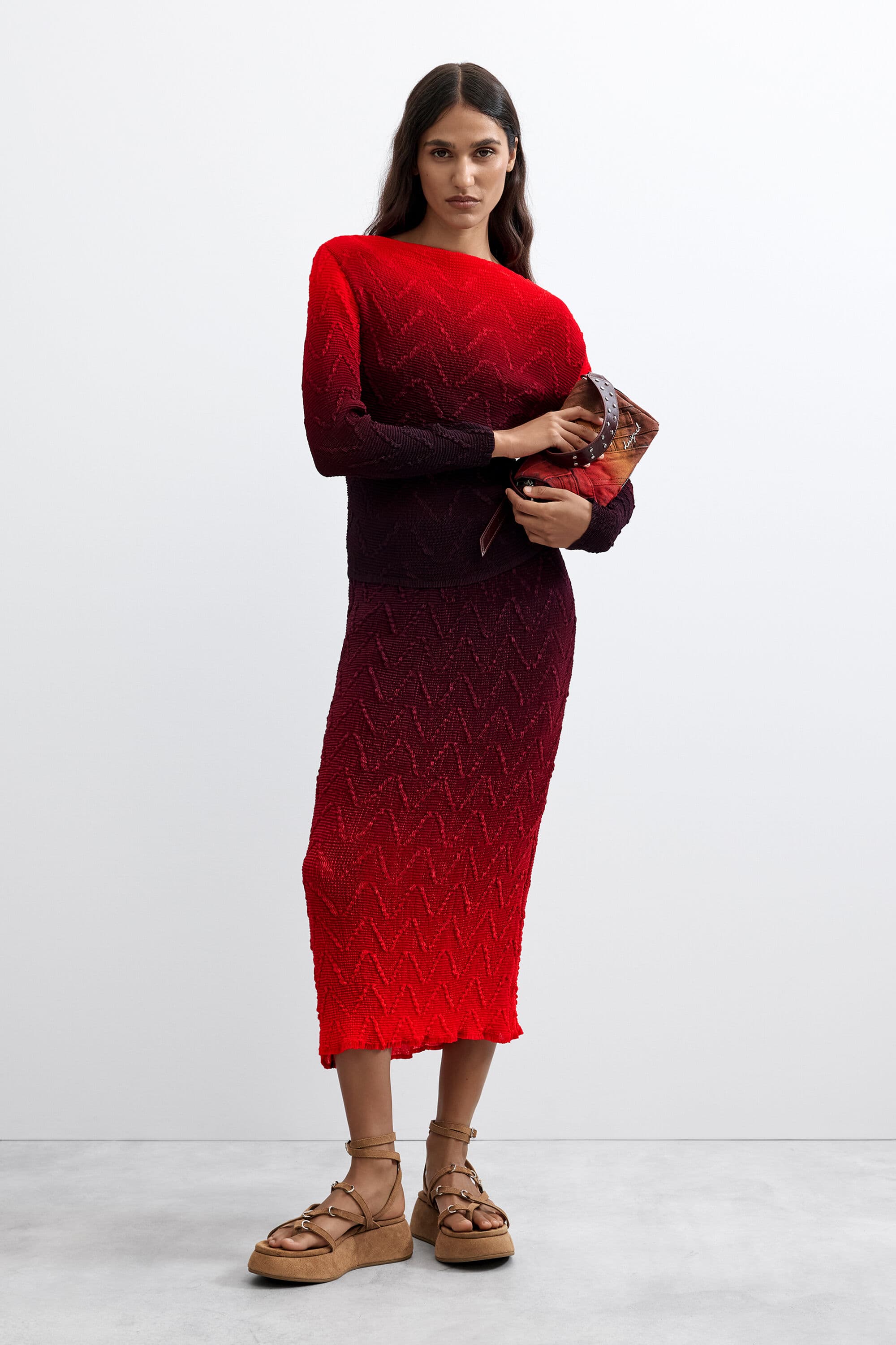 Desigual, Saia midi degradé, Mulher, PoliÉSter, Vermelho, L