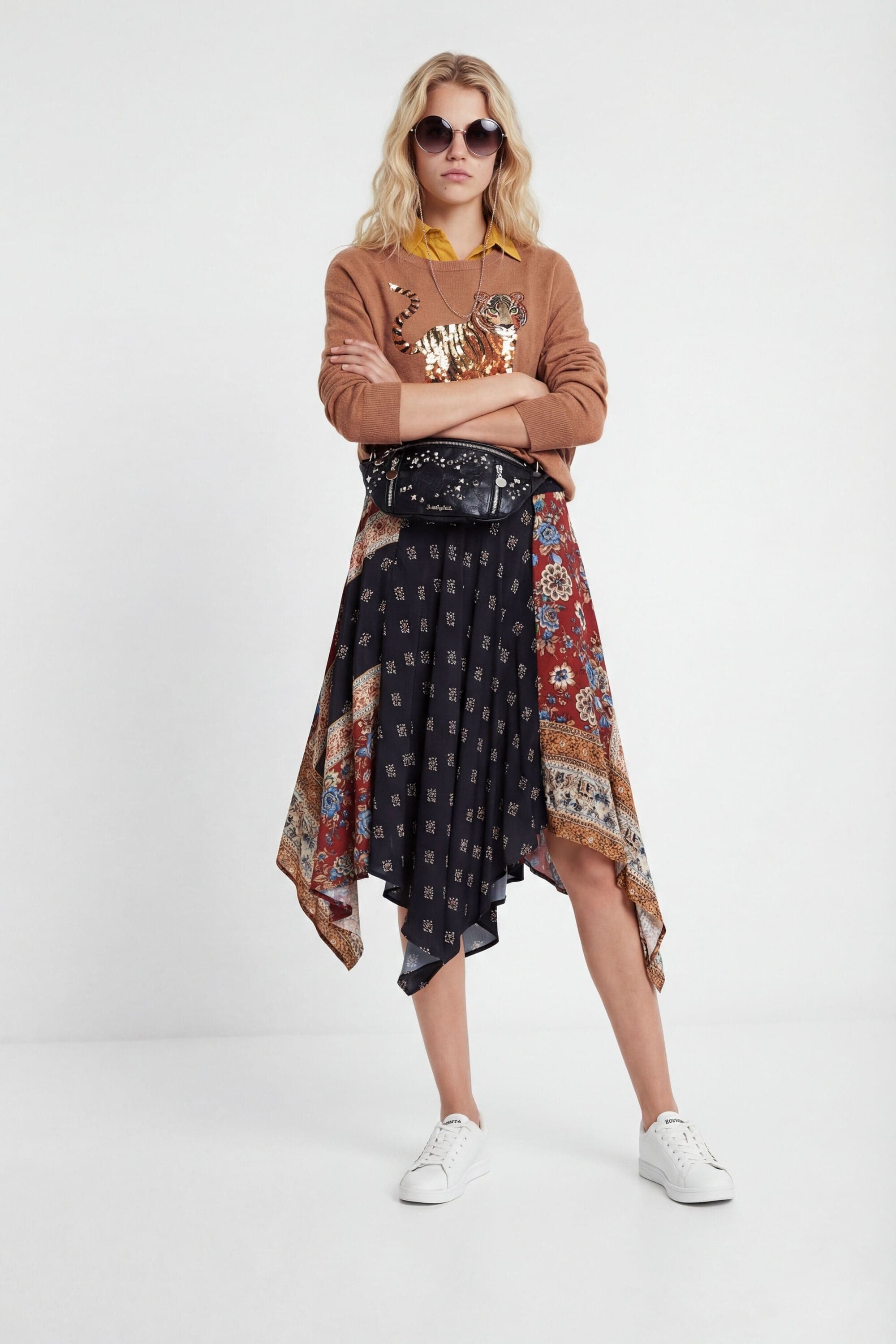 Desigual, Saia evasé patch assimétrica, Viscose, Preto, M