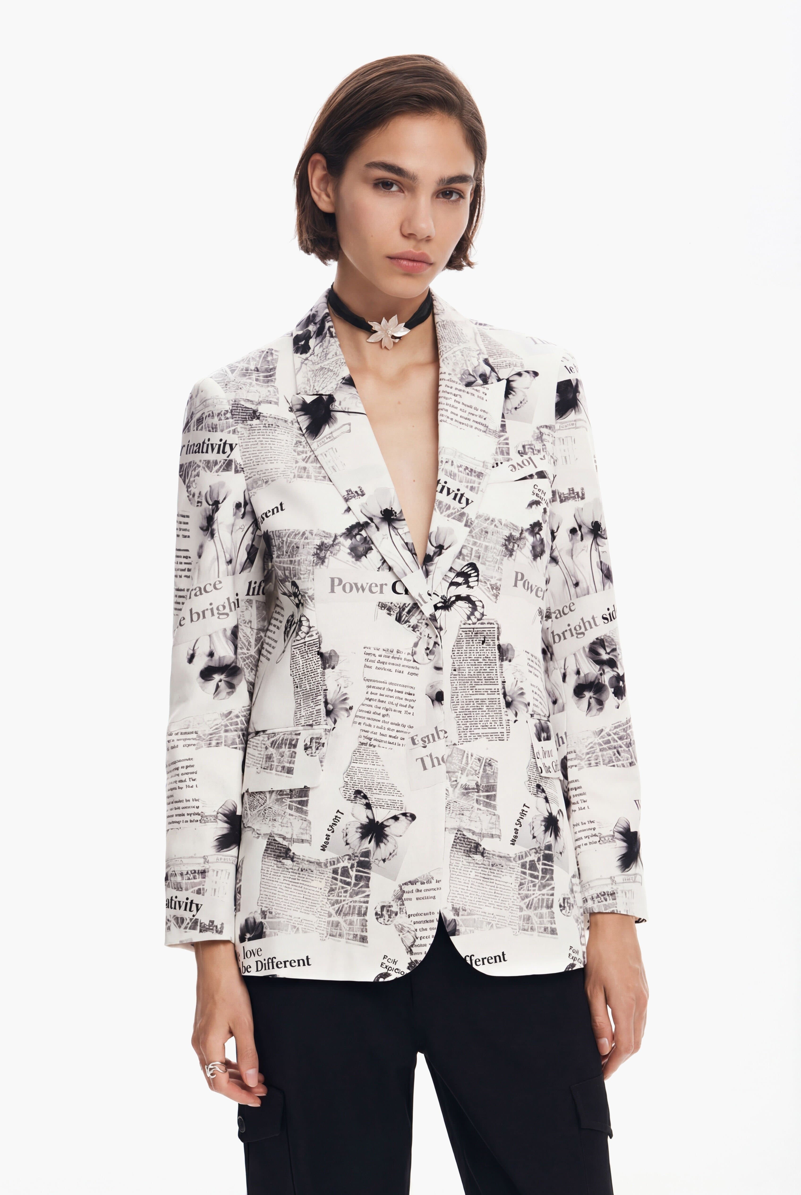 Desigual, Blazer reto com texto e flores, AlgodàO, Branco, XL