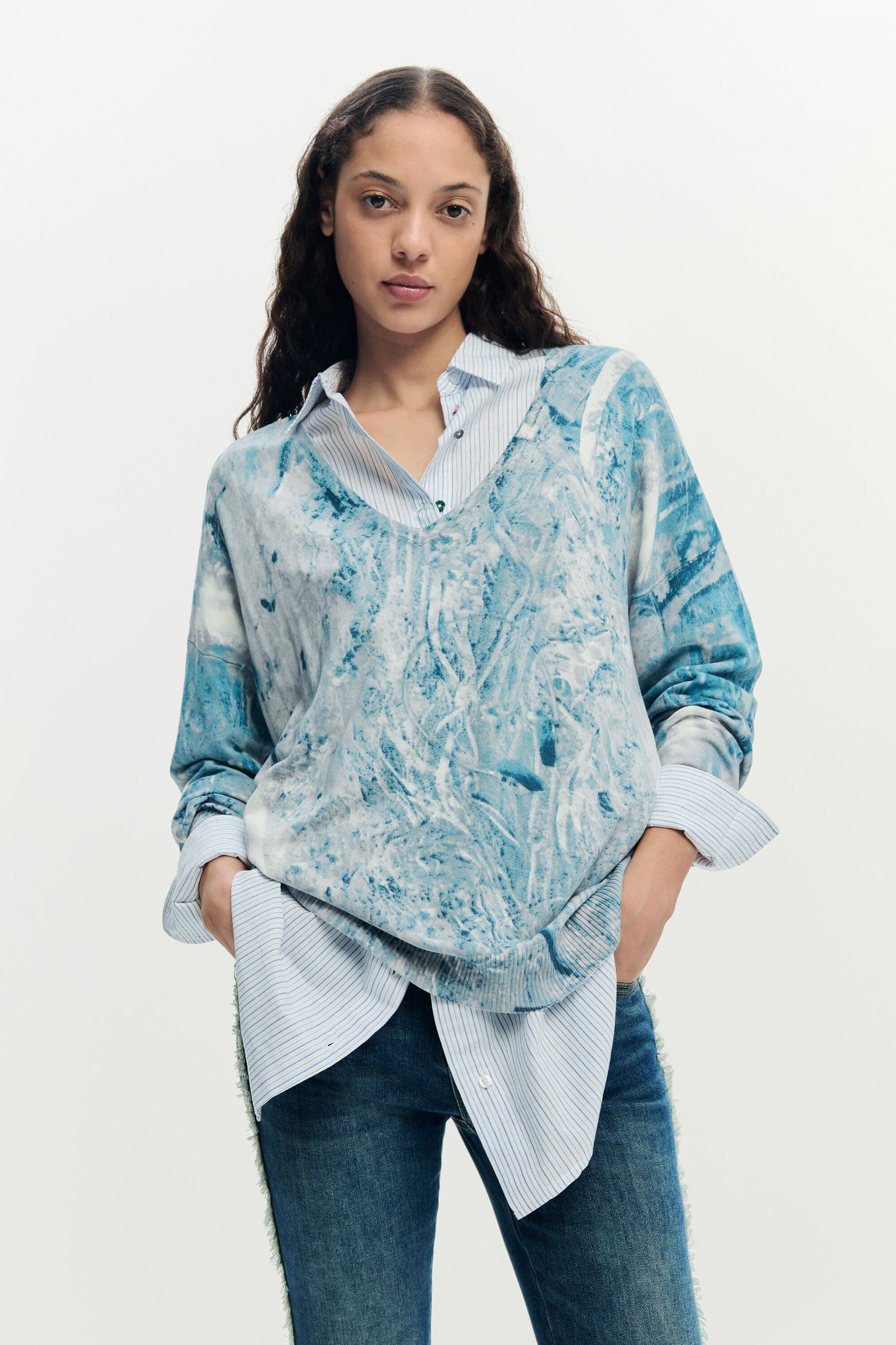 Desigual, V-Neck Sweater With Abstract Print, Women, Blue, L