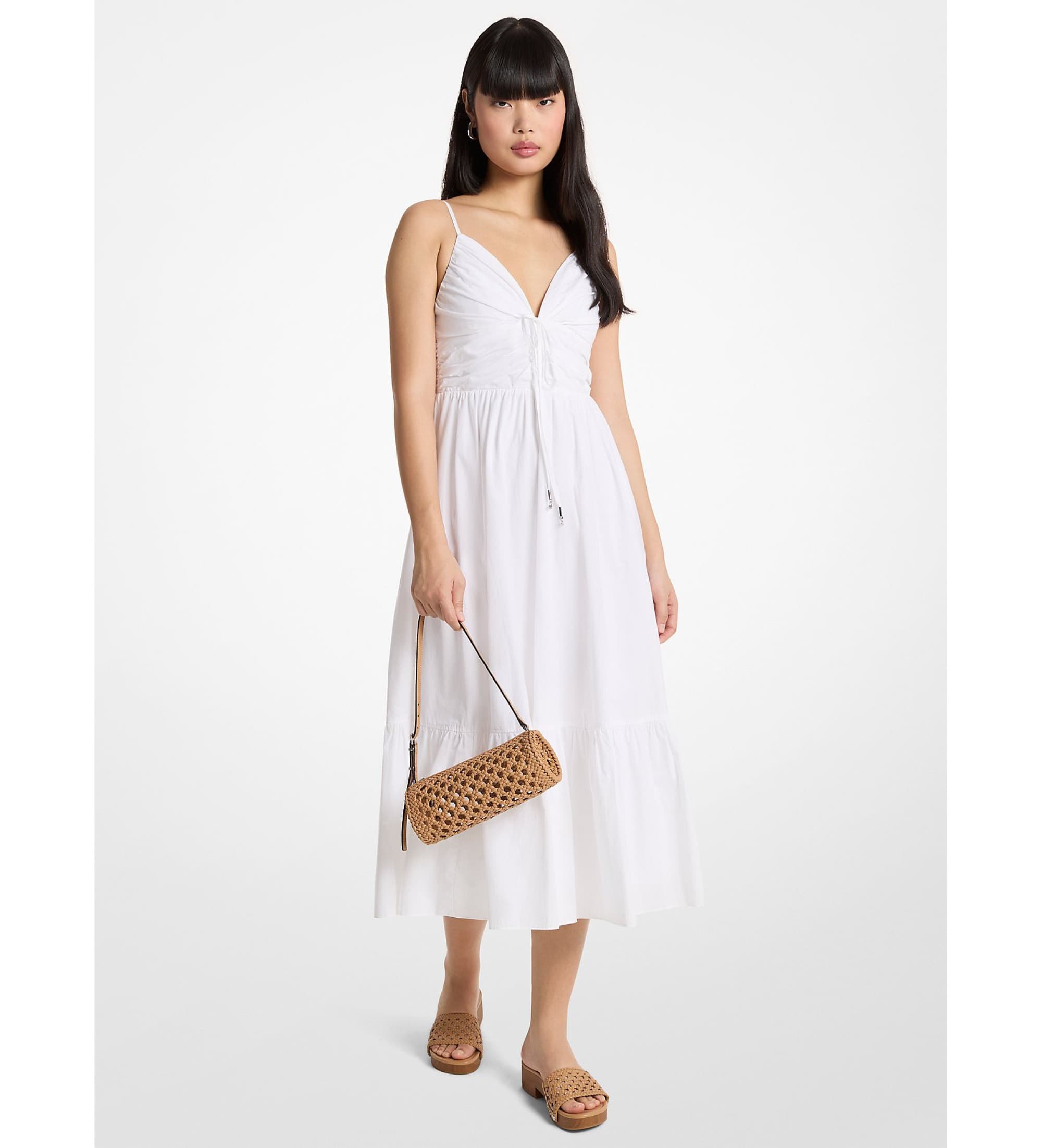 Michael Kors for woman. MS683DHKLZ White cotton poplin midi dress (S), Casual, Sleeveless / Straps