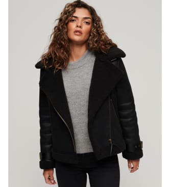 Superdry para mulher. W5011689A Casaco Aviador em pele de borrego sintética preto (S), Casual, Poliéster