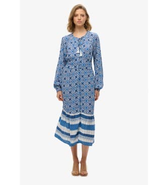 Superdry para mulher. W8011887A Vestido midi azul estampado (S), Casual, Manga comprida, Algodão orgânico, Sustentável
